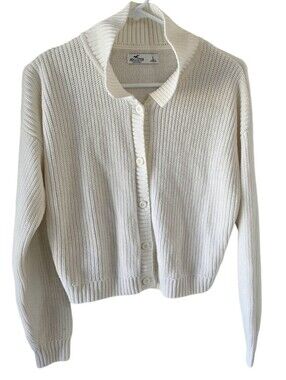 Hollister White Ribbed Cropped Polo Button Down  Sweater Size L